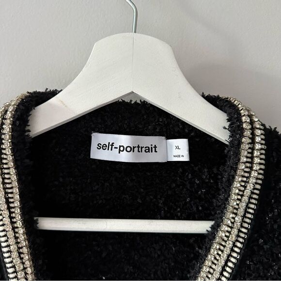 SELF-PORTRAIT Black Tape Knit Crystal-Embellished Bouclé Cardigan - Picture 8 of 13